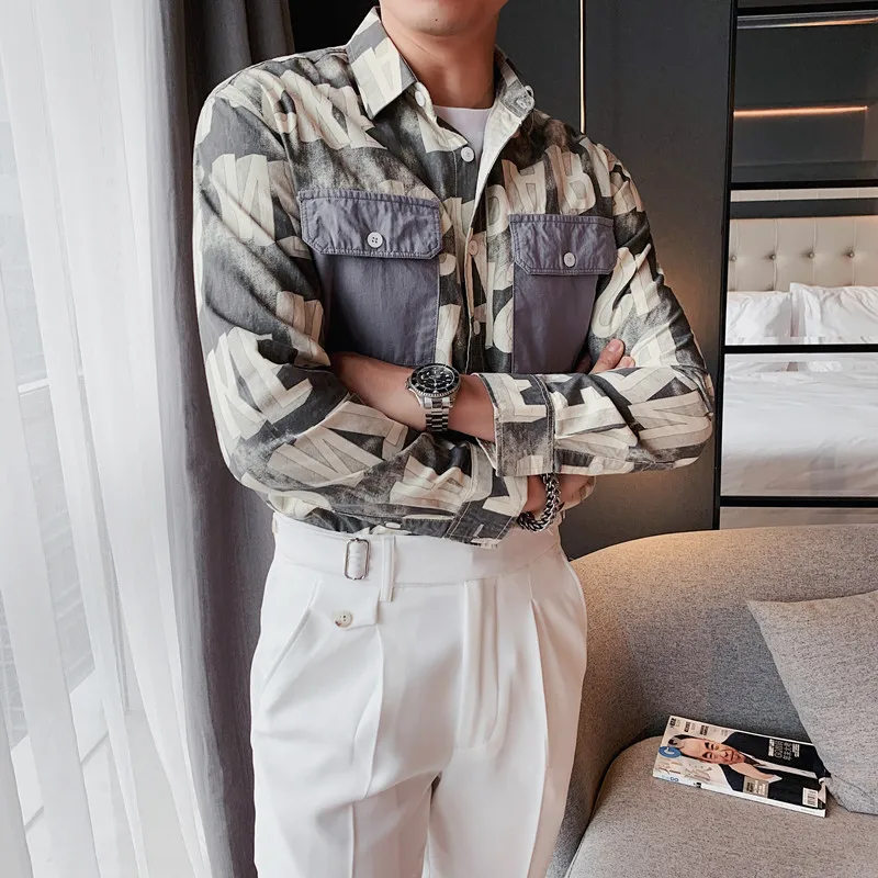Korean Casual Shirt for Men Autumn Long Sleeve Letter Flower Shirts Fashion Streetwear Harajuku Tops Social Party Chemise Homme