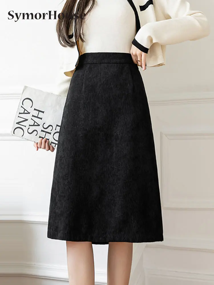 

Autumn Winter Velvet Thick Corduroy Skirts Women Back Split High Waist Knee-Length A-Line Slim Package Hips Skirts Female
