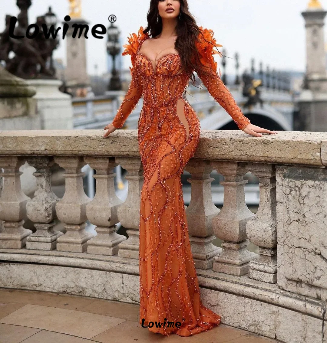 

Feathers Orange Party Dresses Long Sleeves Vestidos De Noche 2023 Customized Mermaid Crystals Elegant Evening Dresses For Women