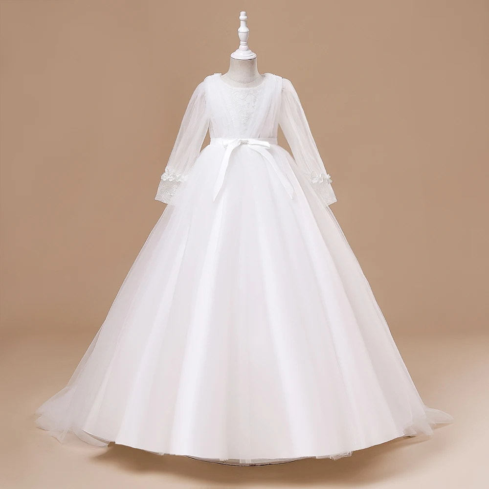 

Официальное платье подружки невесты с длинным рукавом, платье для девочек-подростков, Детский костюм принцессы, праздничная детская одежда с цветами, свадебные вечерние платья
