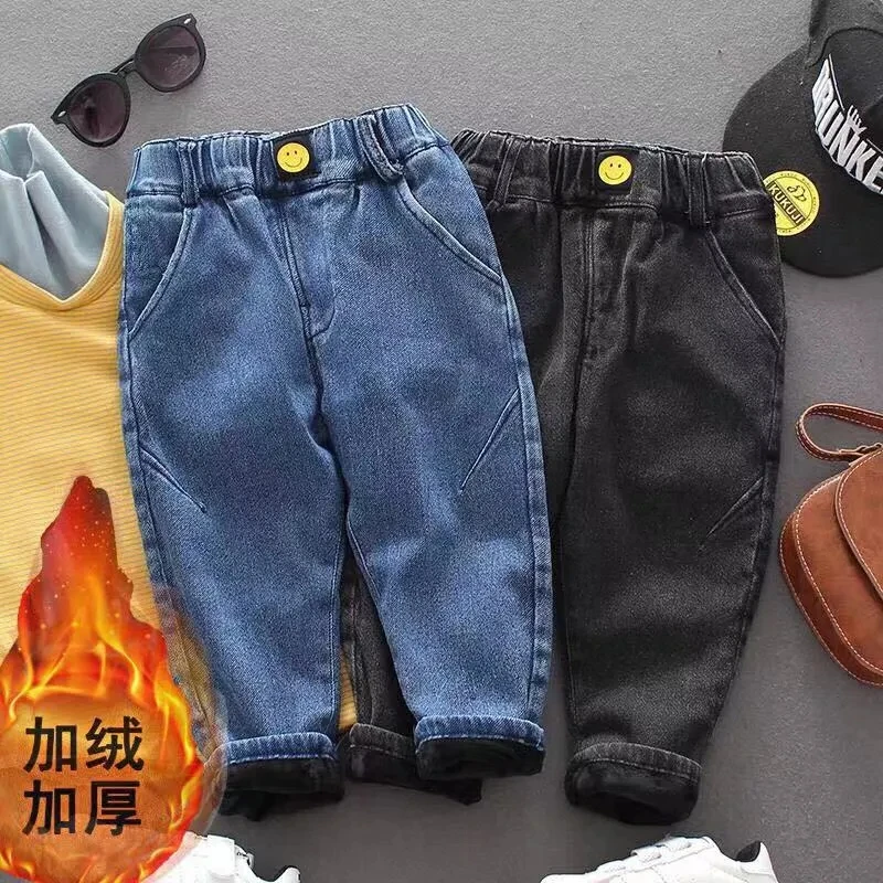 

Children's Pants New Autumn and Winter Children's Clothing Boys Fleece Jeans Girls Baby Thick Trousers