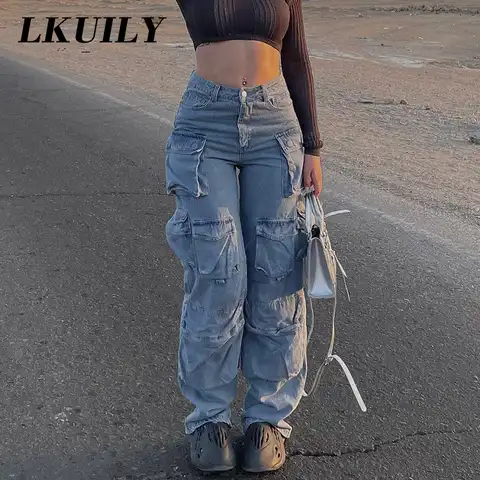 Vintage Aesthetics Cargo jeans Women Y2K Fashion Famale Clothing Baggy Straight Denim Streetwear High Waist Wide Leg Trousers