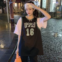 cotton short sleeve t shirt womens medium length fake two pieces graphic t shirts y2k aesthetic loose streetwear women top
