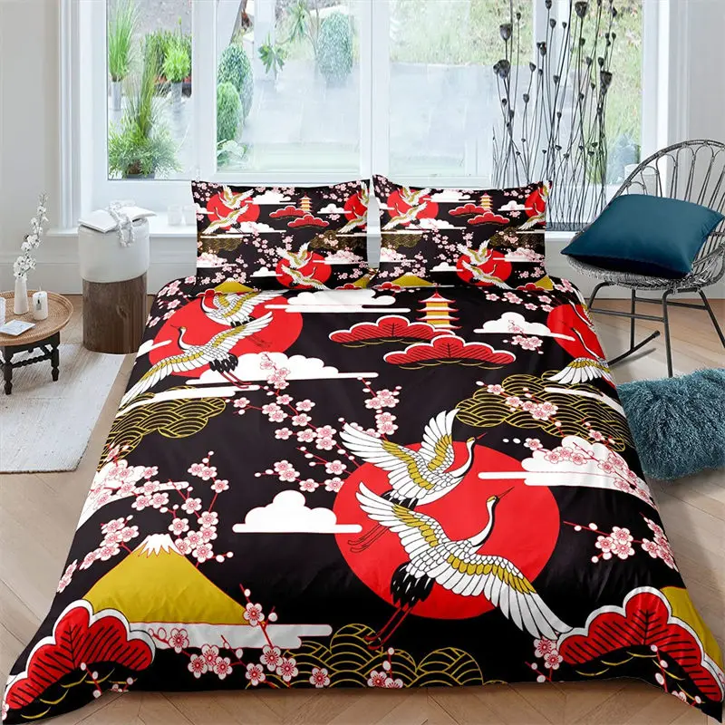 

Japanese Crane Duvet Cover Exotic Style Bedding Set Cherry Blossoms Fans Comforter Cover Full Twin For Kid Boys Girls Room Decor