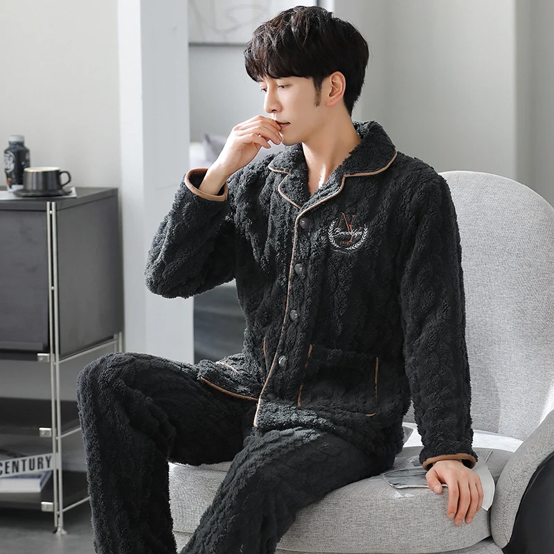 MIIOW Winter Men's Thermal Pajamas Flannel Thickened Warm Homewear Comfortable Soft Thermo Fleece Sleepwear Set for Man L-3xl