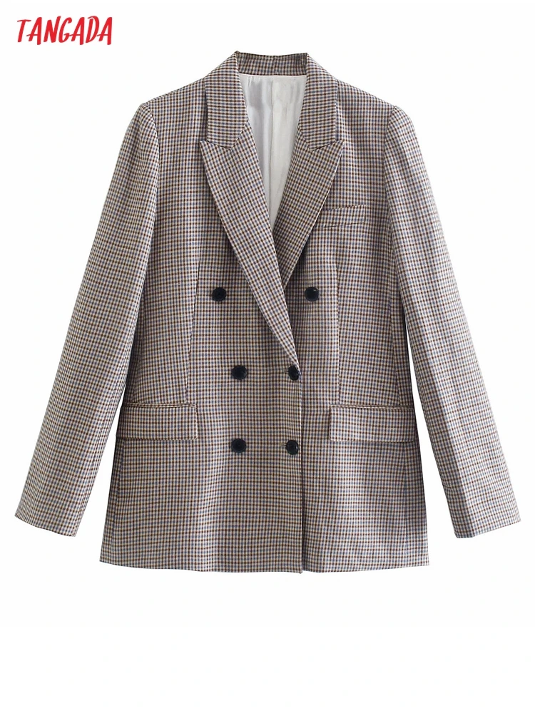 

Tangada Women Plaid Blazer Coat Vintage Notched Collar Pocket 2021 Fashion Female Casual Chic Tops QD104