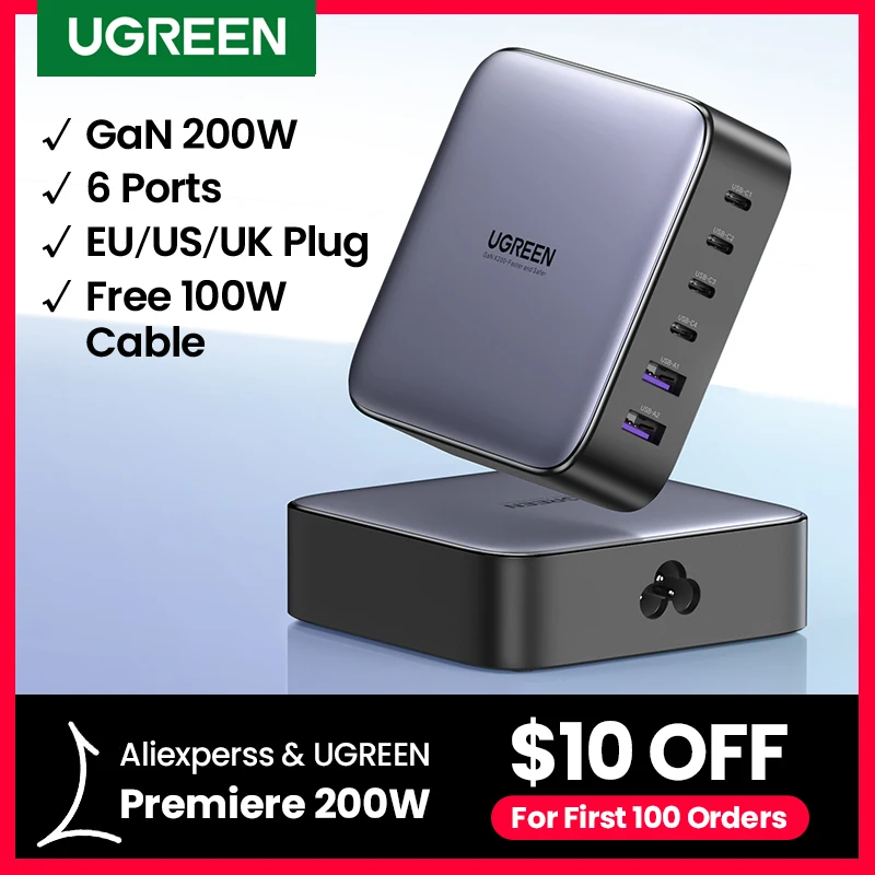 【 Новое в 】UGREEN 200W GaN зарядное устройство для настольного ноутбука быстрое
