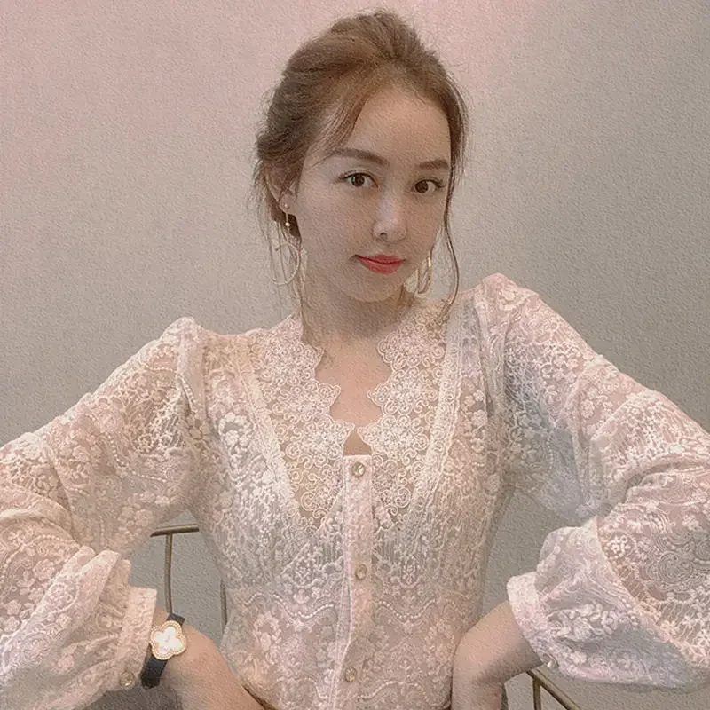 Женская кружевная блузка с длинным рукавом сетчатая пышными рукавами