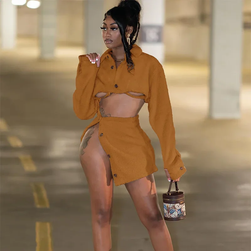 

Wishyear Elegant Winter 2 Pieces Set Outfits Women Sexy Warm Cropped Coat Jacket and Side Button Mini Skirt Party Club Matching