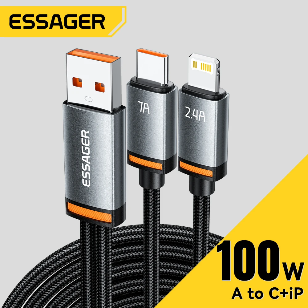 Essager 7A 100 Вт USB-кабель типа C 2 в 1 Кабель для быстрой зарядки iPhone 16 15 14 13 12 Pro Max Huawei Honor