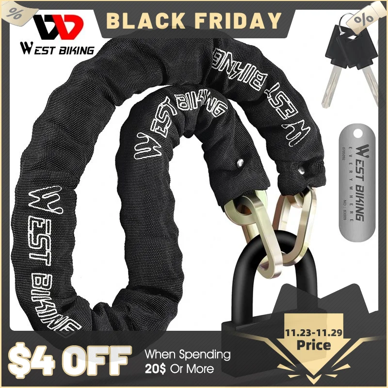

WEST BIKING 4KG Bike Lock Heavy Duty Anti-Theft Chain Lock With Padlock High Security Motorcycle E-Scooter Lock Two Coded Keys