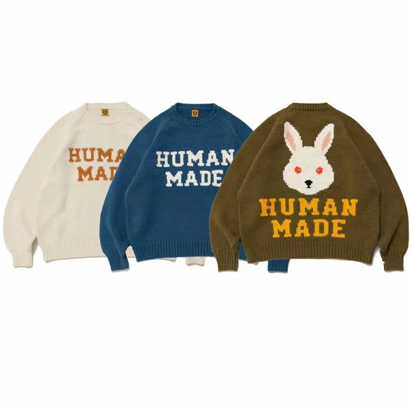 

Rabbit Human Made 23AW Head Letter Jacquard Loose Casual Men And Women's Round Neck Sweater