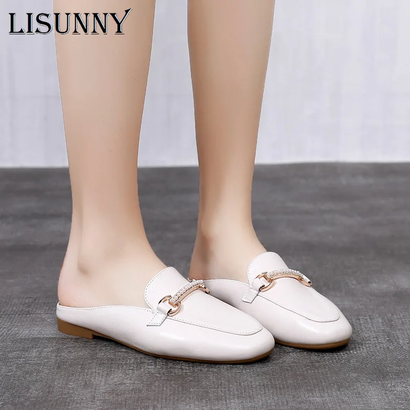 

LISUNNY 2022 Summer Flats Lady Sandals Slippers Genuine Leather drill Women Mules Outdoor Slipper Shoes Woman Slides 35-43