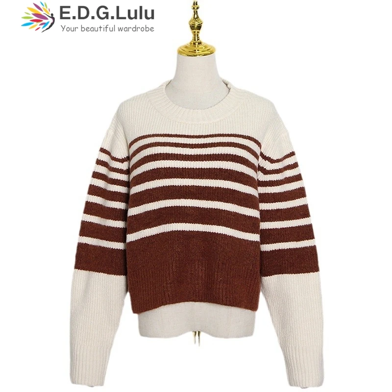 EDGLuLu Новый Полосатый укороченный свитер в Корейском стиле Женский винтажный