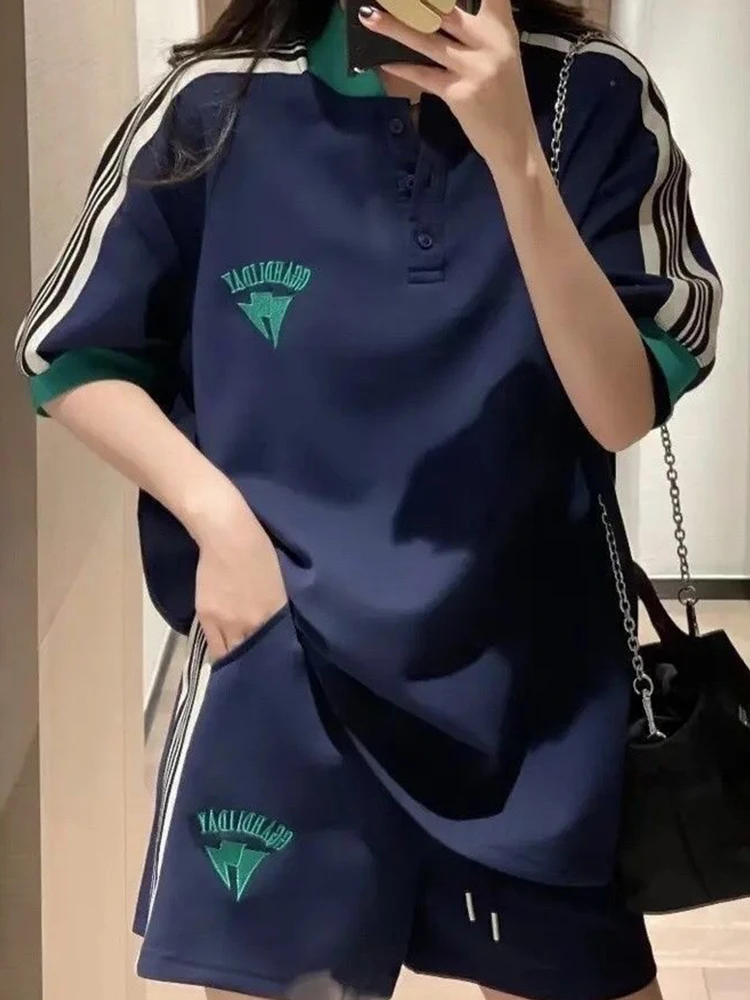 

Женский комплект из блузки и шортов, повседневный комплект из 2 предметов с принтом, блузка с коротким рукавом и свободные шорты, лето 2023