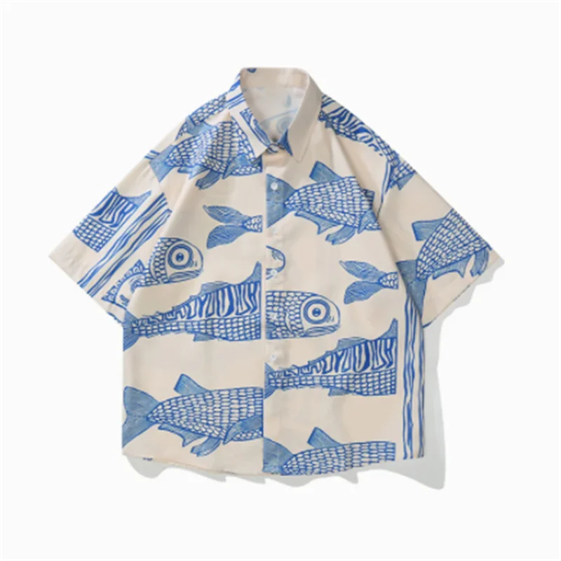 Summer men's and women's high-quality beach travel shirts, casual loose, Asian fashion impression style print