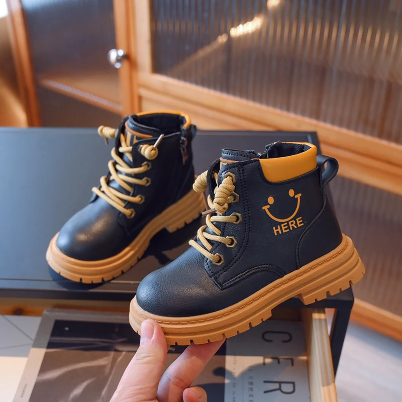

Microfiber Upper Luxury Boys Working Boots Zipper Design Lace Up Shoes For Kids Black Yellow Slip Resistance Childrens Boots
