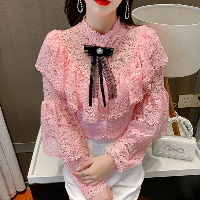 Женская кружевная блузка элегантная Осенняя с цветочным принтом оборками и