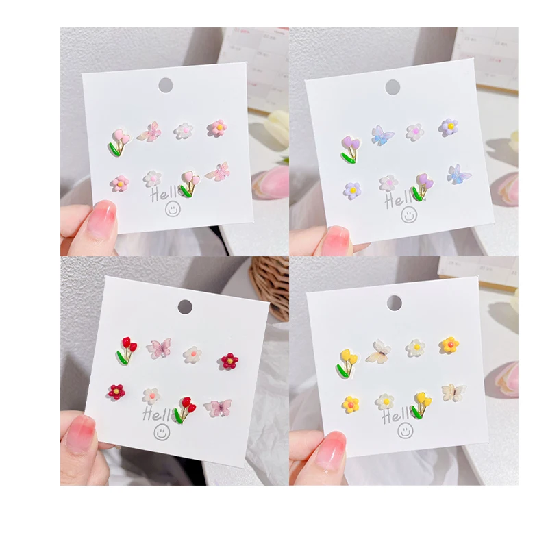 

Cute Earrings Flower Stud Earrings Set for Women Color Tulip Flower Sunflower Butterfly Earrings Womens Fashion Jewelry Gift