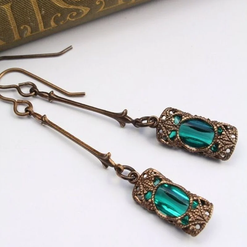 

Vintage Green Blue Zircon Rhinestone Long Earrings Women Antique Bronze Drop Personality Earrings Women's Party Jewelry Gifts