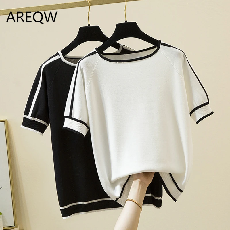 

Camisetas Mujer 2022 Thin Knitted T Shirt Women Short Sleeve Summer Tops Woman Clothes Striped Fashion T-Shirt Tee Shirt Femme