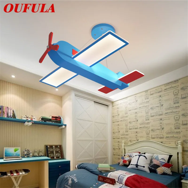 

OUFULA Children's Airplane Pendant Lamp LED Creative Blue Cartoon For Kids Room Kindergarten Light Bimmable With Remote Control