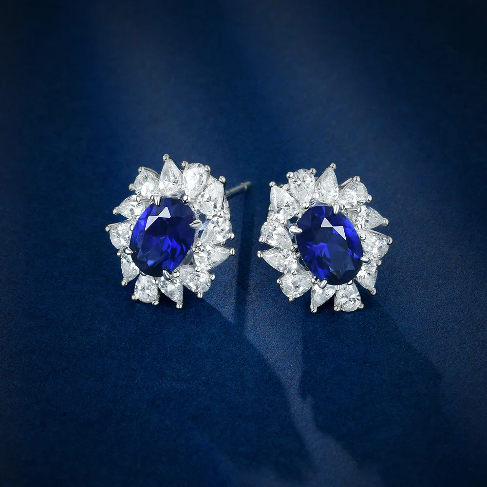 

2023 New 925 Silver Egg Blue 5 * 7 Royal Blue Fashion 1 Carat Exquisite Temperament Earrings Women's Simple Style