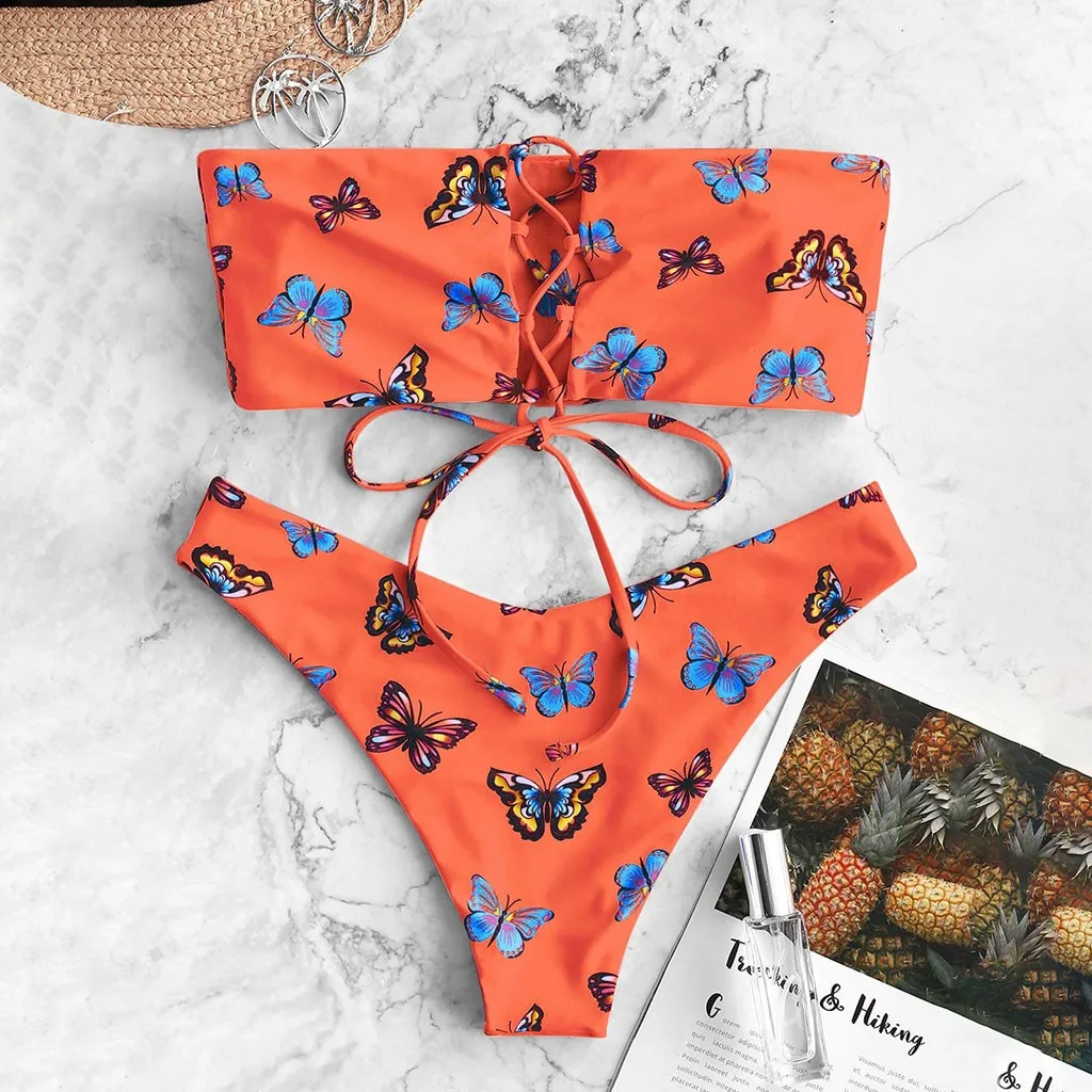 

Sexy 2022 Sexy Women Bikini Set Butterfly Print Padded Swimwear Swimwear Push Up Bikinis Set Women Bathing Swimsuit Beachwear