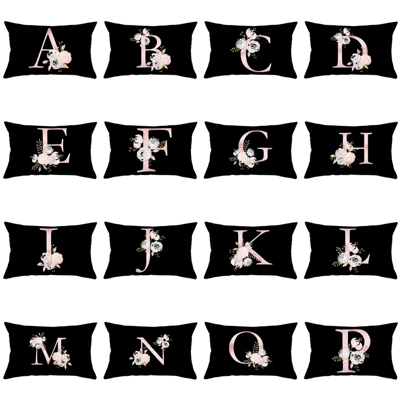 

Black Flower Letter Pillow Case Alphabet Cushion Cover for Home Sofa Car Decorative Pillowcases 30x50 Polyester Pillow Cover