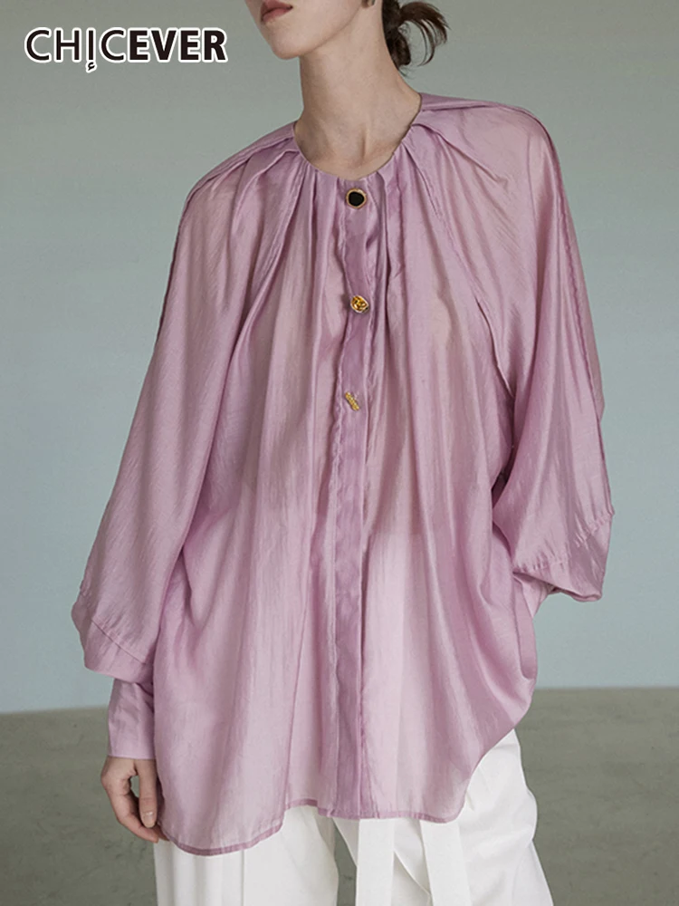 

CHICEVER Casual Loose Shirt For Women Round Neck Lantern Sleeve Solid Minimalist Blouses Female Spring Clothing Style New 2022