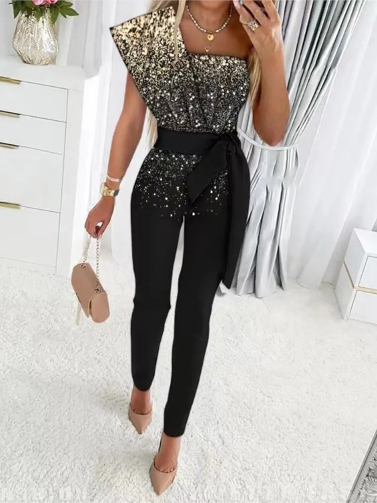 

Elegant Jumpsuit Women 2023 Summer Fashion Patchwork Sexy Sequins Office Lady One Piece Bodycon Outfits Party Evening Jumpsuits