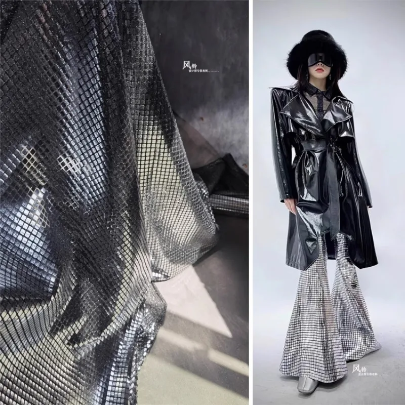 

Checked Sequined Tulle Fabric Silver Grids DIY Background Decor Props Gown Dress Coslpay Metallic Clothes Designer Fabric
