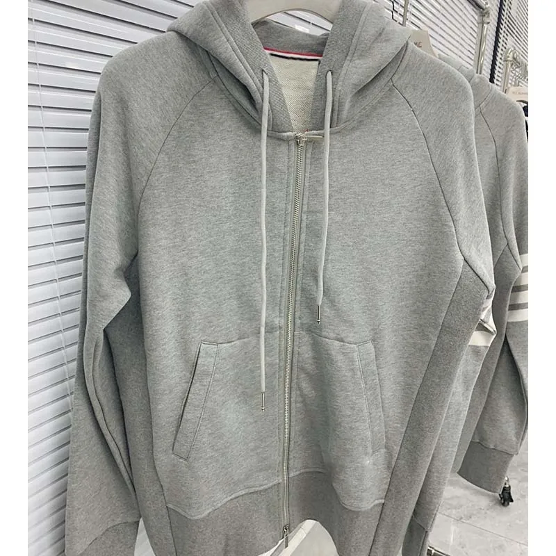 

TB THOM Hoodie Sweatshirts Korean Fashion Zipper Streetwear Clothes Grey Striped Casual Sportwear Men Women Cotton Jacket