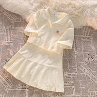 houzhou preppy style skirt set woman 2 pieces summer polo neck casual cute short sleeve top pleated mini skirt two piece ladies