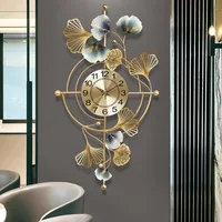 The New Ginkgo Biloba Large Wall Clock Metal Three-dimensional Home Living Room Background Wall Decoration Mute Gold Wall Watch