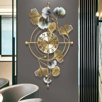 The New Ginkgo Biloba Large Wall Clock Metal Three-dimensional Home Living Room Background Wall Decoration Mute Gold Wall Watch
