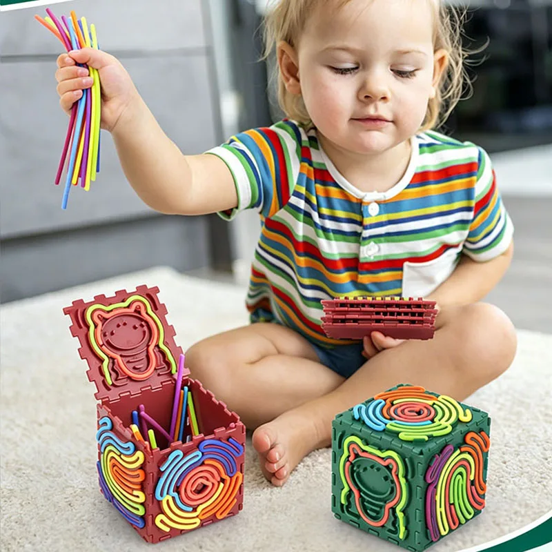 Фото 3D сенсорный куб-антистресс DIY: силиконовая развивающая доска с разноцветными шнурами, блоки-головоломки для снятия стресса, успокаивающая игрушка для детей, развивающая концентрацию внимания и моторику пальцев №3