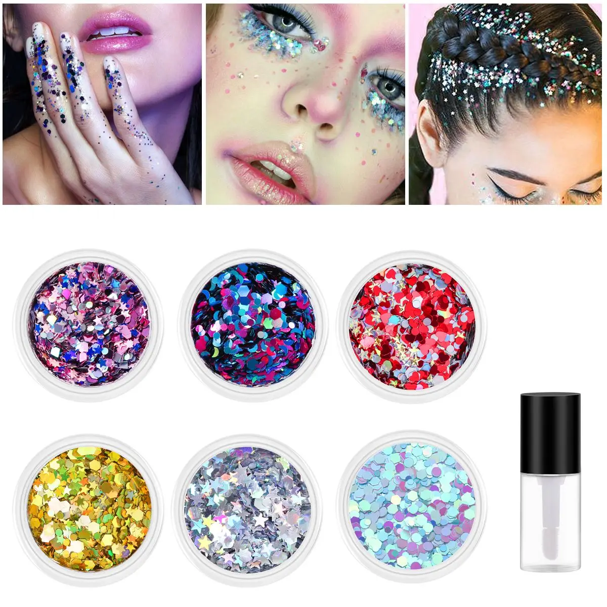 

NICEAUTY 6pcs Set Glitter Powder Cosmetic Paillette 5g Sparkling Decoration Face Body Hair Nails Make Up Supplies With 10g Glue