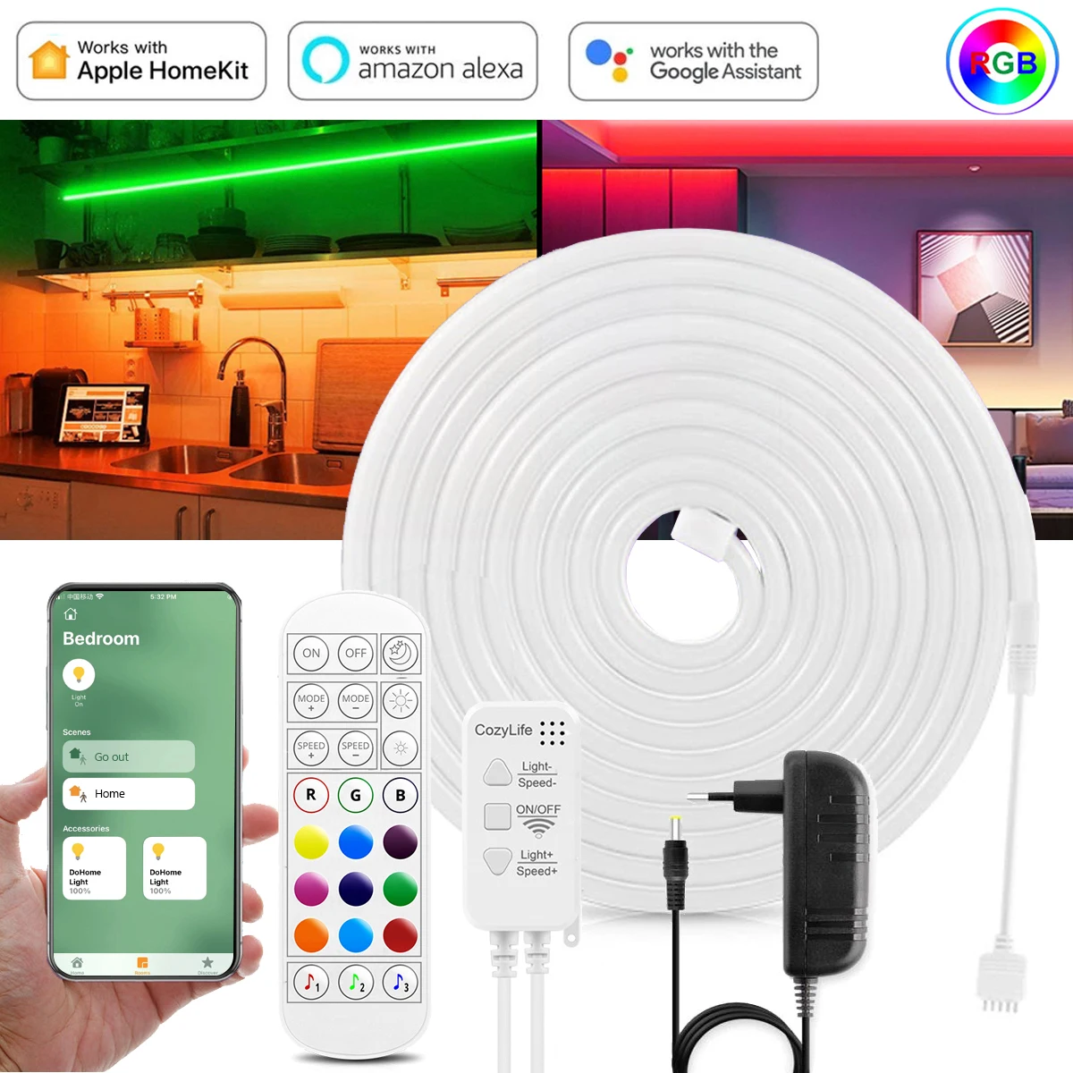 

Homekit WiFi LED Neon Light Strip DC 12V RGB Smart Flexible Neon Strip APP/Voice/24key Remote Control for Alexa Google Siri IPad