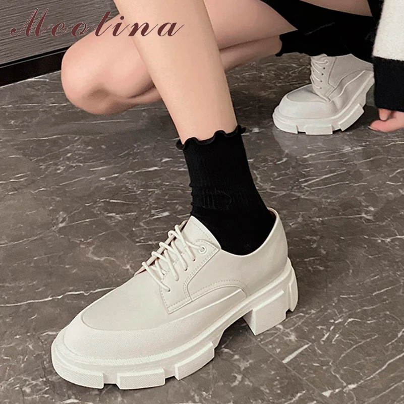 

Meotina Women Shoes Thick Med Heel Pumps Genuine Leather Fahion Shoes Lace Up Round Toe Ladies Footwear Spring Autumn White 40