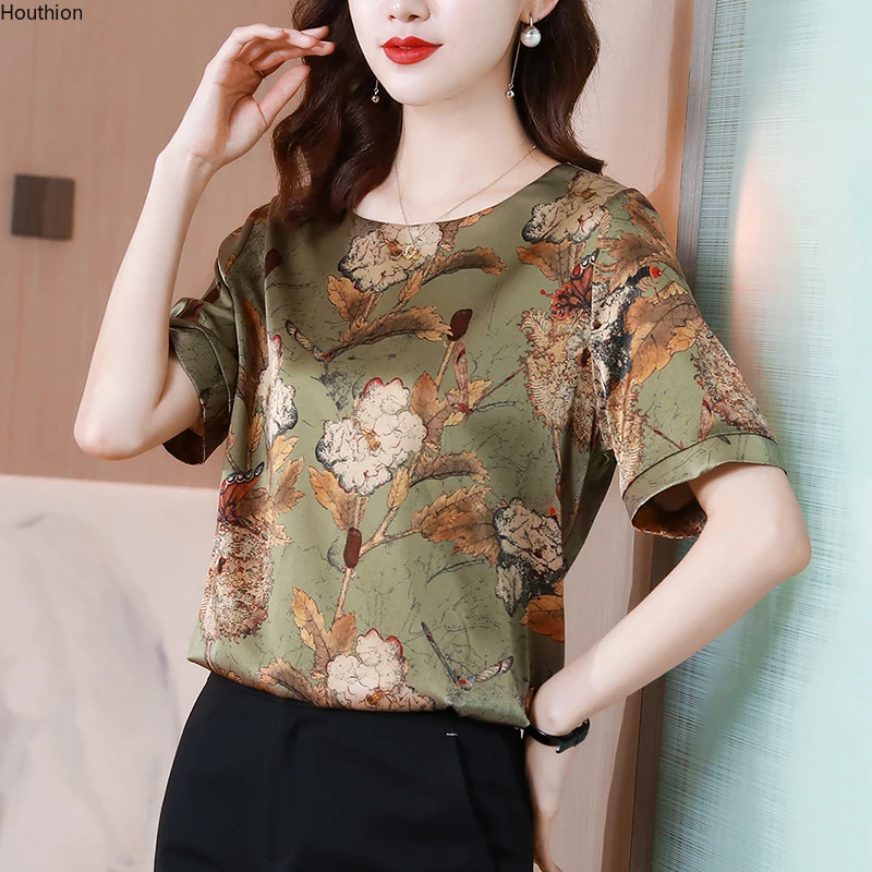 

Poplin Women's Blouses New O-neck Fashion Short Sleeve Top Casual Printed Loose Summer Female Clothes Movafag