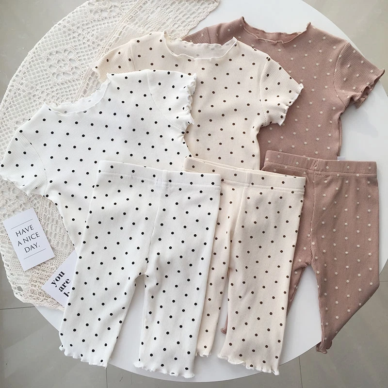 2023 Summer Baby Pajamas Set Dot Print Infant Korean Girls Sleeper Wear Pyjamas Kids Toddler Girls Indoor Clothes Suit Nightwear