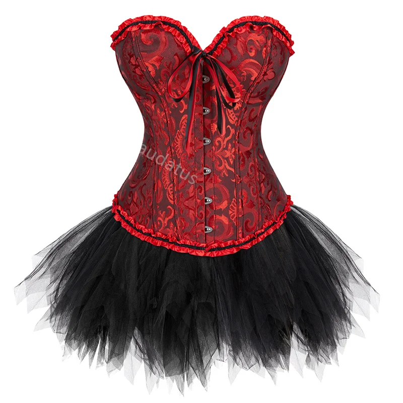 Corset Dress Costume Tutu Skrits Set With Lace Bustier Costume Party Sexy Burlesque Ladies Outfit Plus Size Gothic Halloween Red