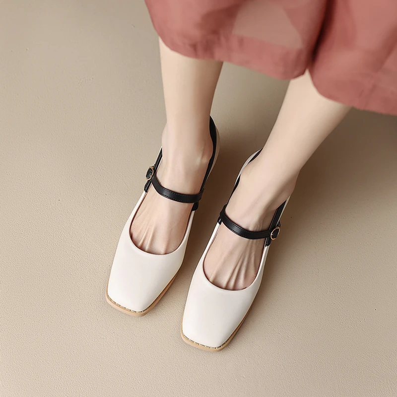 32-43 large size spring and autumn square head women's shoes cow leather thin belt buckle high heel thick heel women's shoes