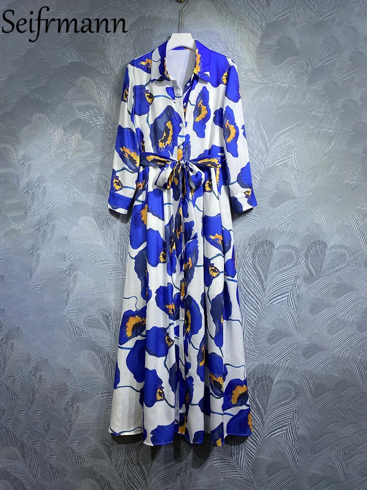 

Seifrmann High Quality Summer Women Fashion Designer Maxi Dress Long Sleeve Bow Belt Blue White Printed Shirts Style Dresses