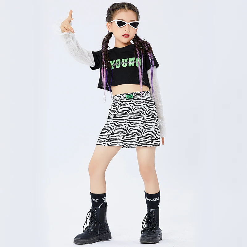 

Новинка, детская одежда в стиле хип-хоп, черные укороченные топы для девочек, юбка, одежда для джазовых танцев, подиум, одежда для выступлени...