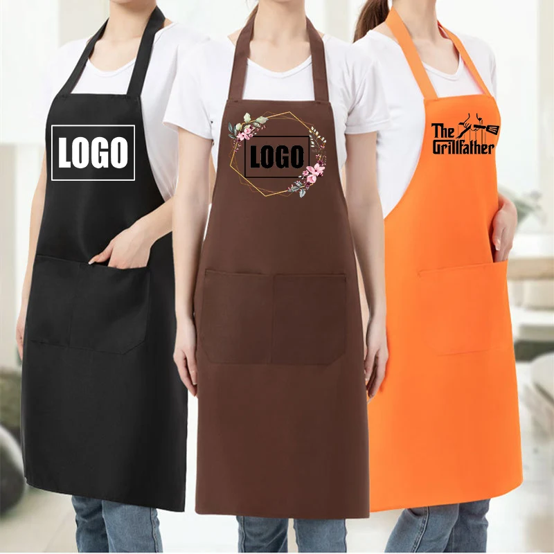 Custom Design Brand Logo Black Unisex Waiter Cooking Restaurant Pocket Printing Adjustable Hanging Neck Men Aprons for Woman