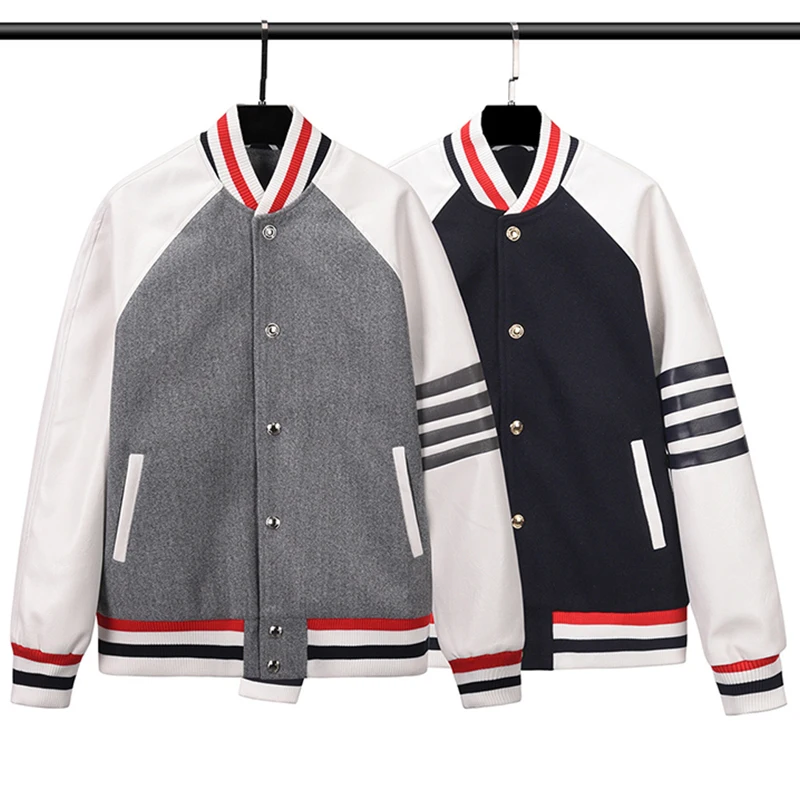 European and American Fashion Brand Autumn Winter Stripe PU Leather Contrast Color Patchwork Warm Woolen Outerwear Men...