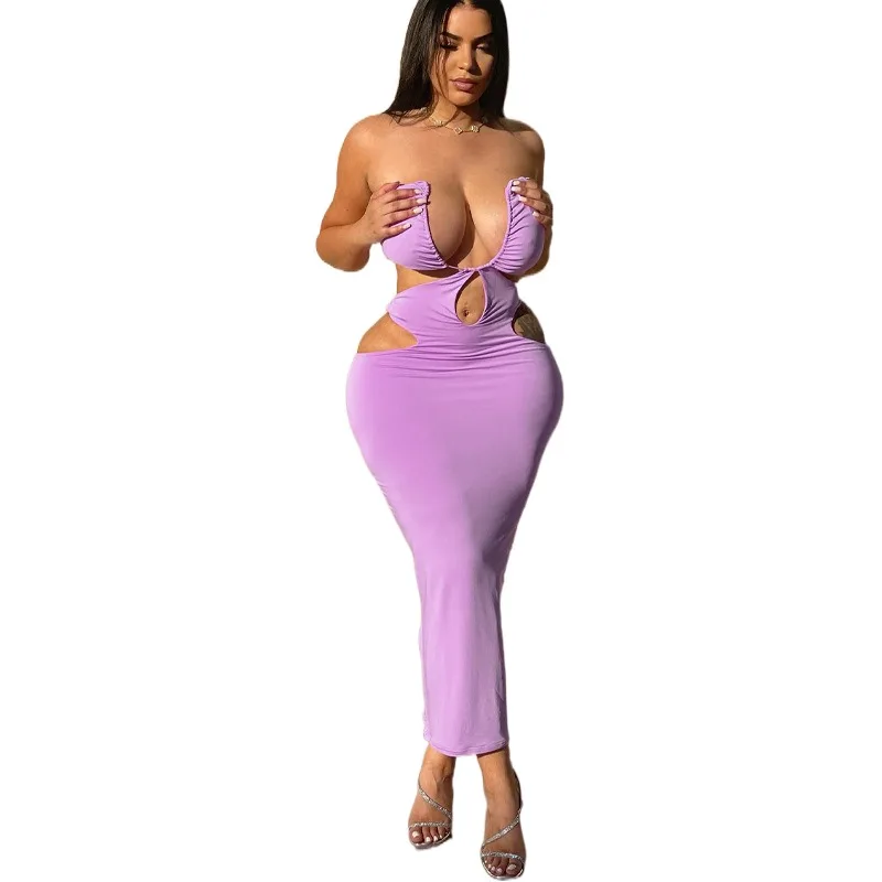 

European And American Women's Clothing 2023 Summer New Sexy Hollow Out Wrap Chest Long Dress Solid Color Slim Fitting Dress