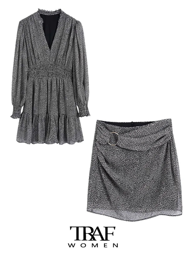 

TRAF Women Fashion Animal Print Ruffled Mini Dress Vintage Long Sleeve Elastic Waist Female Dresses Vestidos Mujer